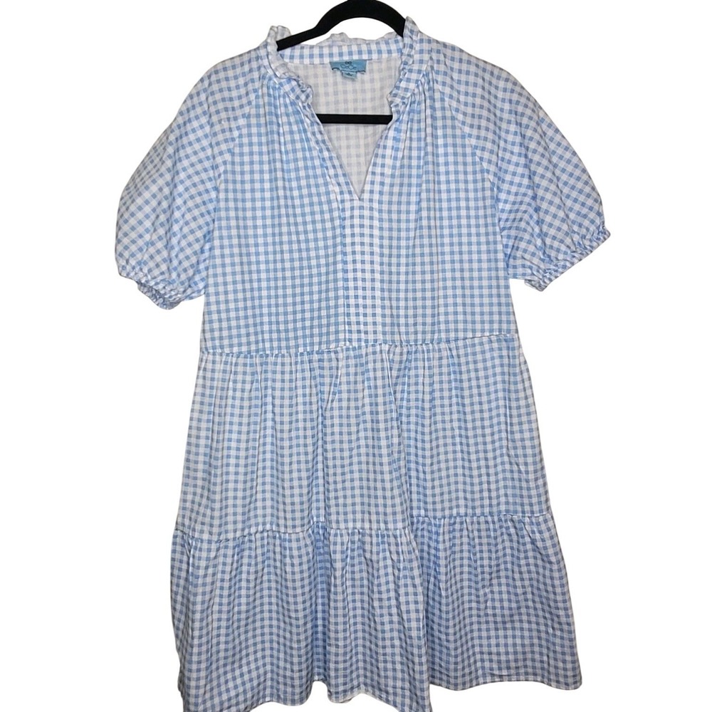 CeCe Blue White Gingham Babydoll Dress Size Small Tiered Puff Sleeve Cottagecore